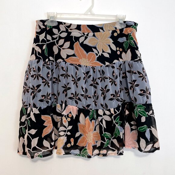 ANN TAYLOR LOFT Tiered Floral Skirt Black Blue ish Cream Short Mini Boho Work 8 - Picture 2 of 16